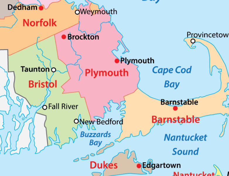 Map of South Eastern Massachusetts inluding Bristol, Plymouth, Barnstable, Dukes and part of Norfolk county in colors